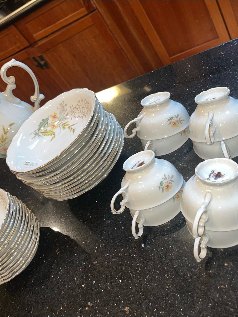 COMPLETE Elegant White Porcelain Tea and Dinnerware Set with Gold Accents